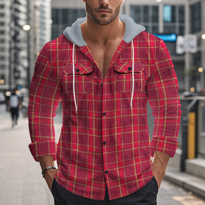 Men's Long Sleeve Shirt with Hoodie and Check Pattern Skorter
