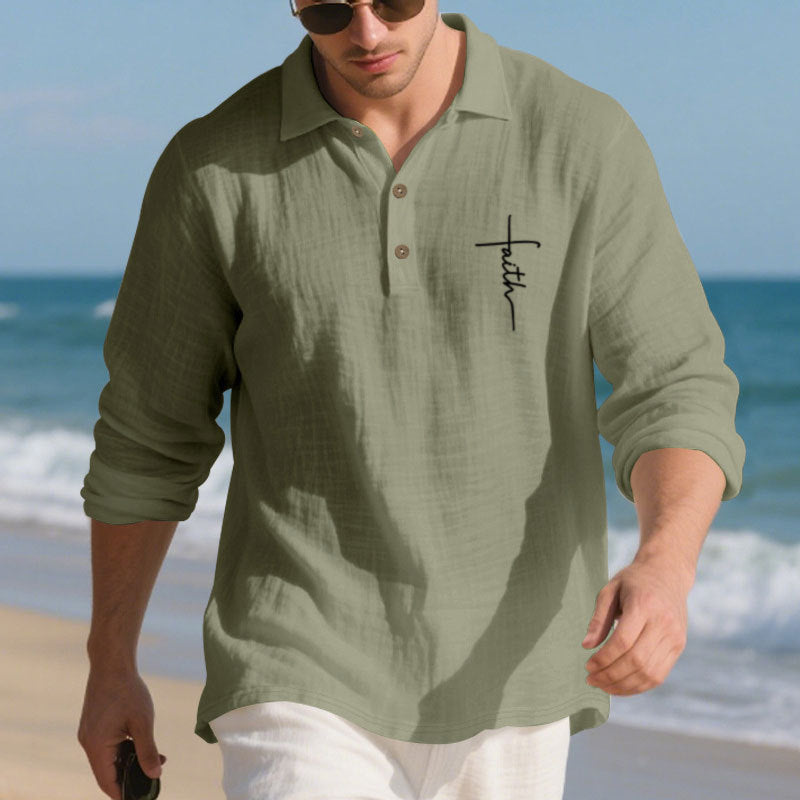 Men's long-sleeve polo shirt with textured fabric and stylish button placket Skorter