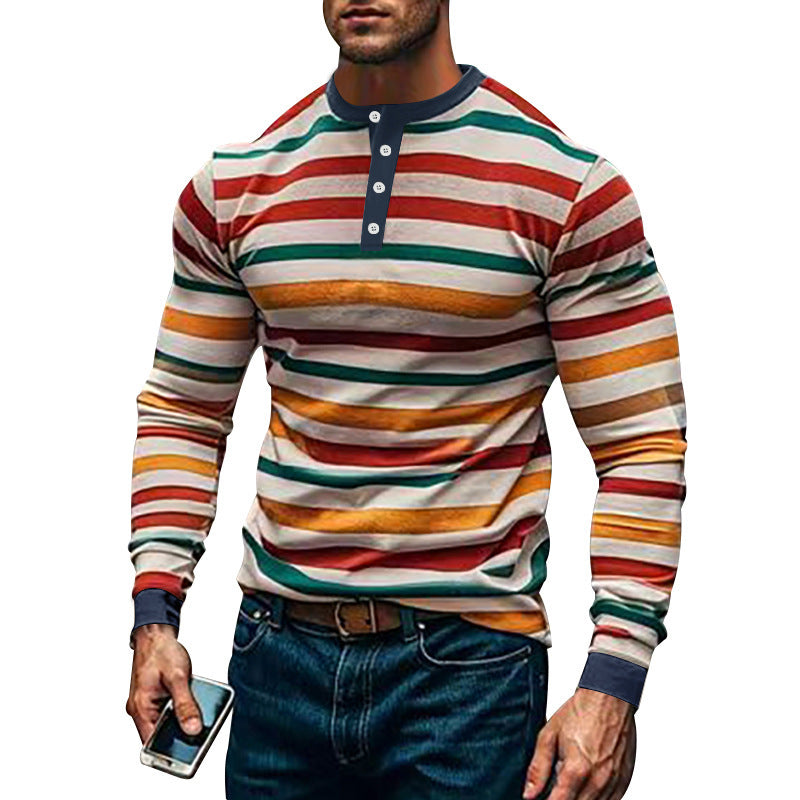 Men's Long Sleeve Shirt with Textured Striped Pattern and Sporty Collar Skorter