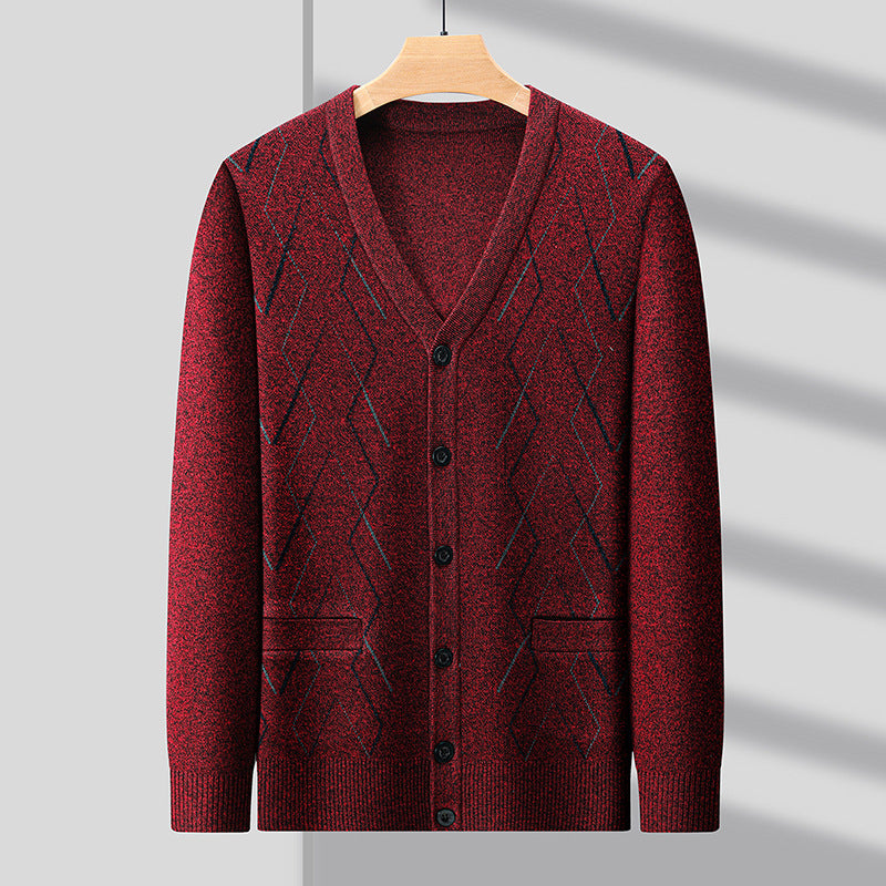 Men's Cardigan with Deep V-Neck and Elegant Diamond Pattern Skorter