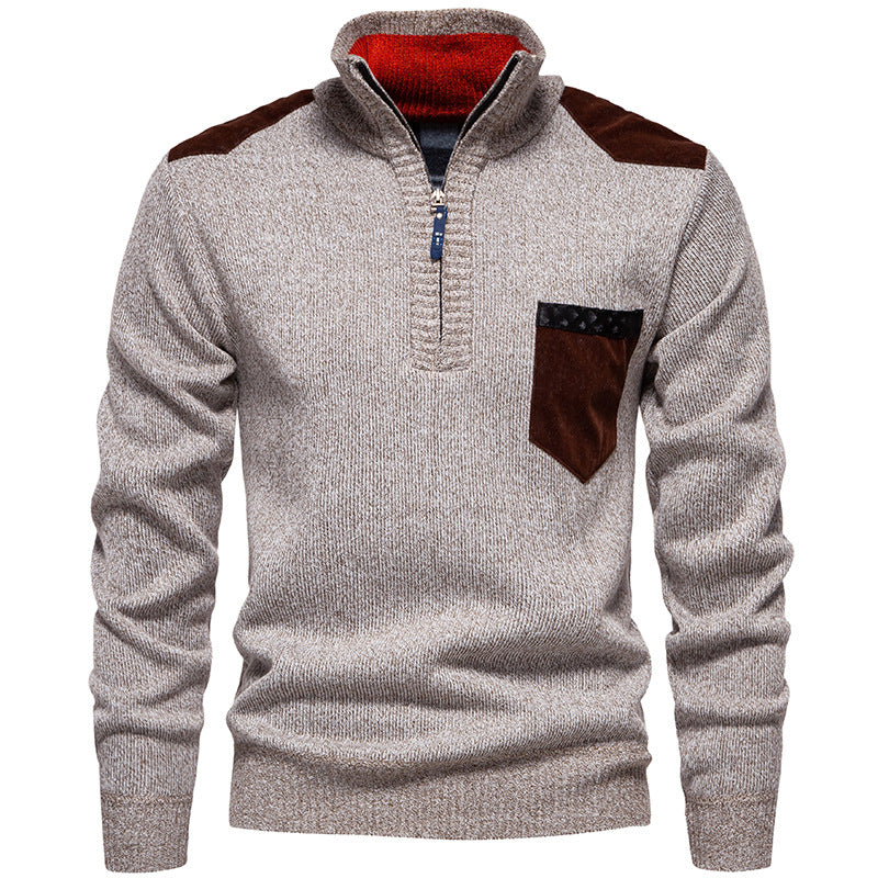 Men's Stand Collar Sweater with Contrasting Details and Practical Pockets Skorter