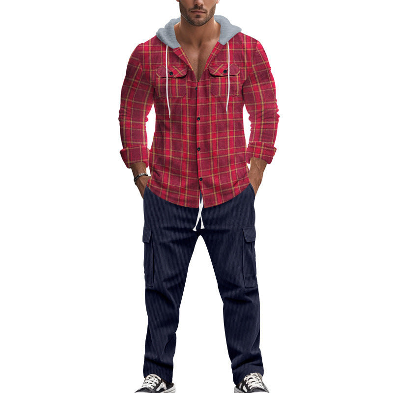 Men's plaid leisure shirt with hood and practical kangaroo pockets Skorter