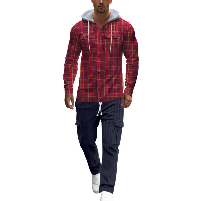 Men's plaid leisure shirt with hood and practical kangaroo pockets Skorter