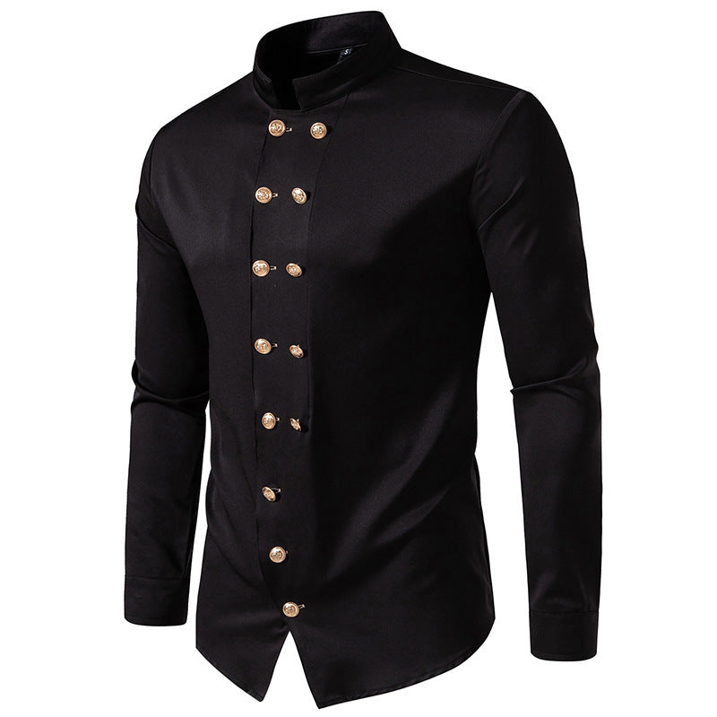 Men's Long Sleeve Shirt with Traditional Stand Collar and Decorative Buttons Skorter