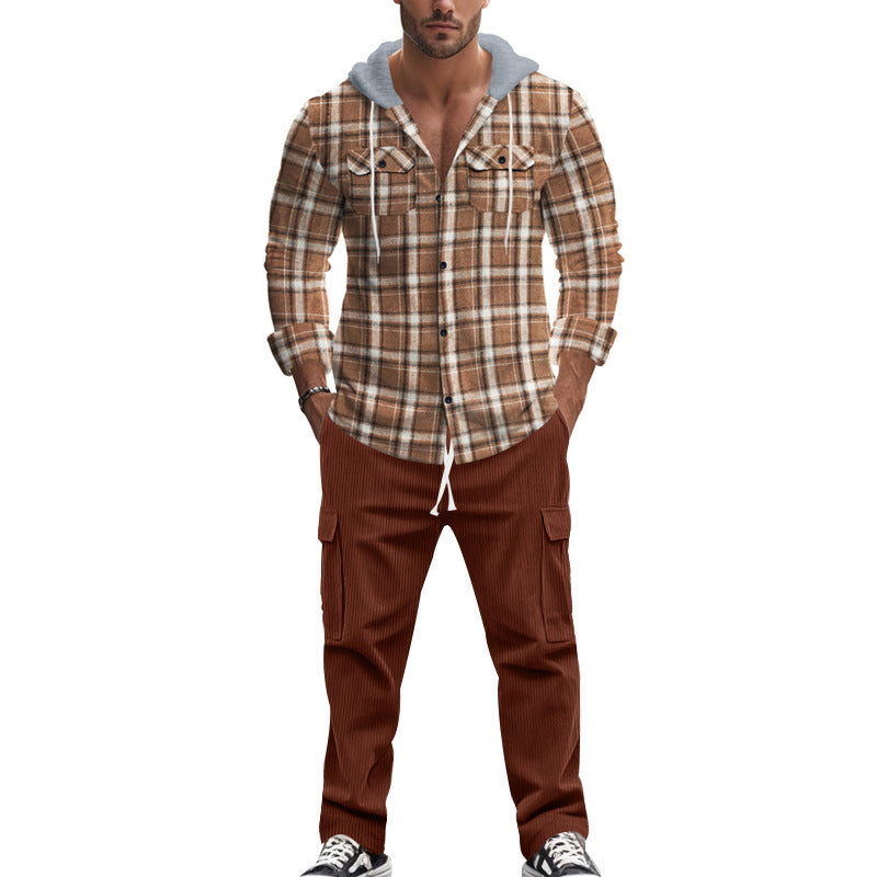 Men's plaid leisure shirt with hood and practical kangaroo pockets Skorter