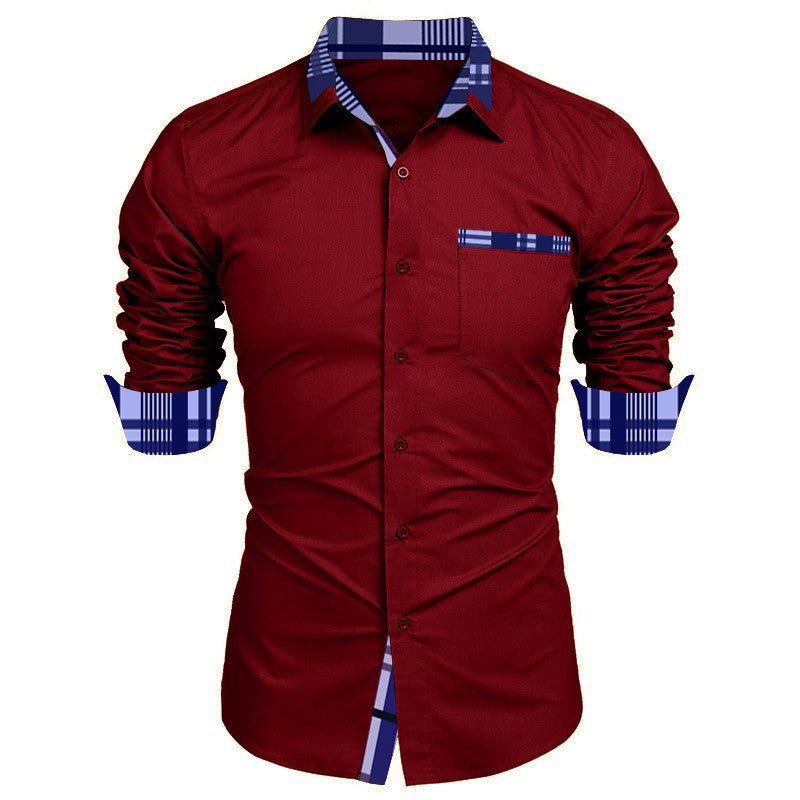 Men's Business Shirt with Fashionable Check Collar and Practical Chest Pocket Skorter