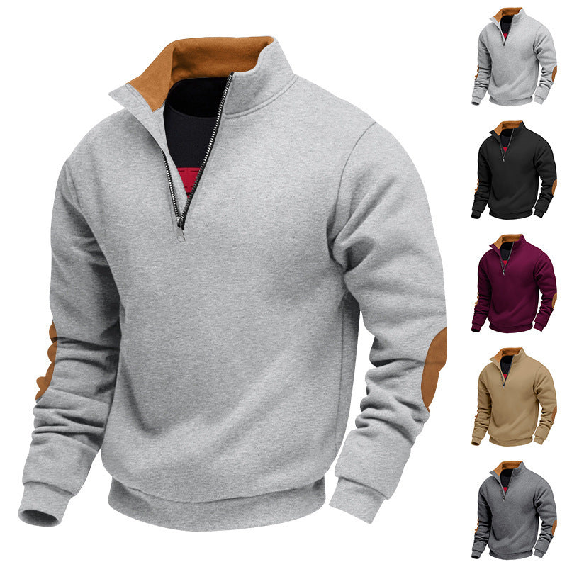 Men's Sporty Stand Collar Sweater with Zipper and Leather Accents Skorter