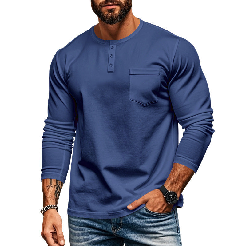 Men's long-sleeved Henley shirt with textured cotton surface and chest pocket Skorter