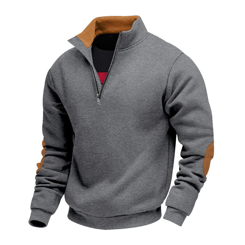 Men's Sporty Stand Collar Sweater with Zipper and Leather Accents Skorter