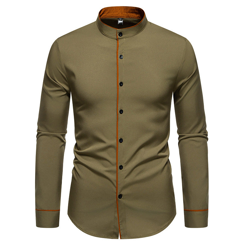 Men's long sleeve shirt with modern stand-up collar and embroidered detail Skorter