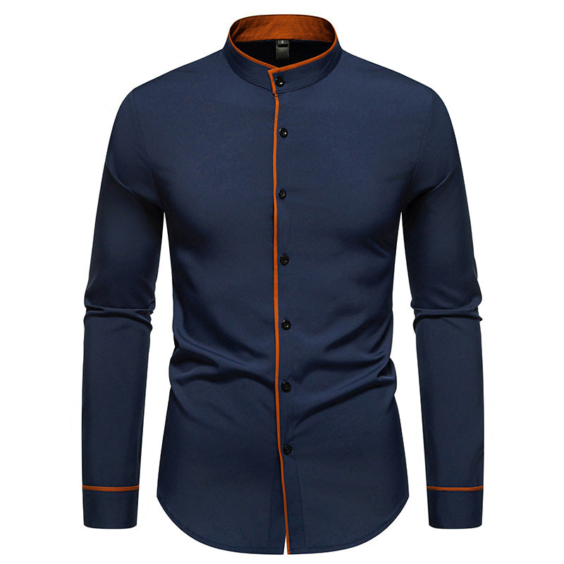 Men's long sleeve shirt with modern stand-up collar and embroidered detail Skorter