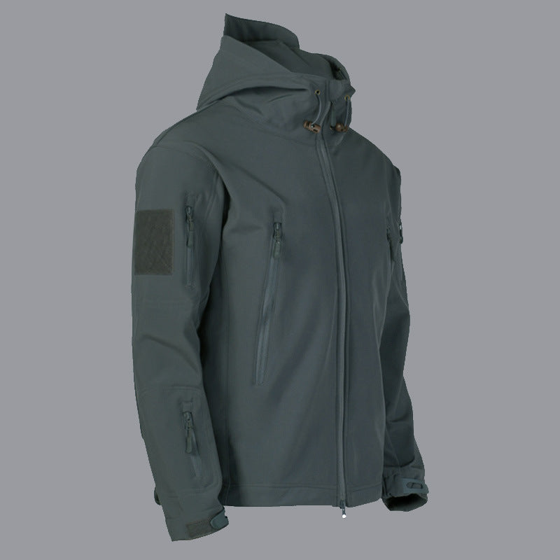 Men's technical softshell jacket with multifunctional pockets and adjustable hood system Skorter