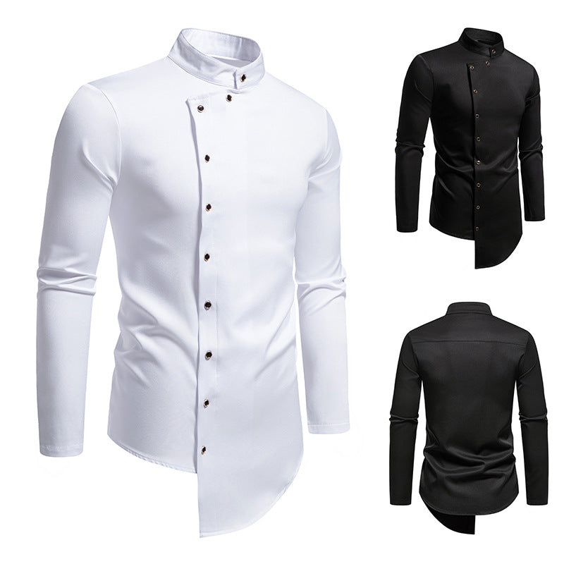 Men's modern cut long-sleeve shirt with asymmetrical button placket and stand collar Skorter