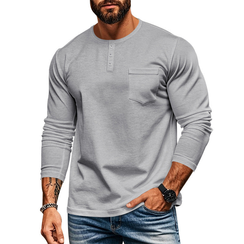 Men's long-sleeved Henley shirt with textured cotton surface and chest pocket Skorter