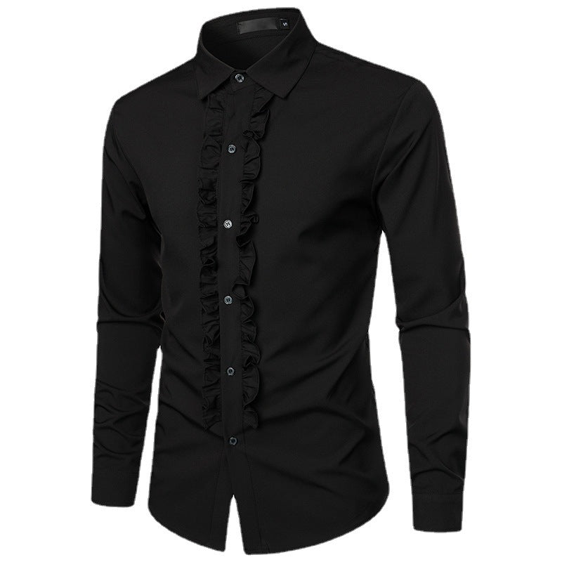Men's Long Sleeve Shirt with Ruffle Decoration and Elegant Button Details Skorter