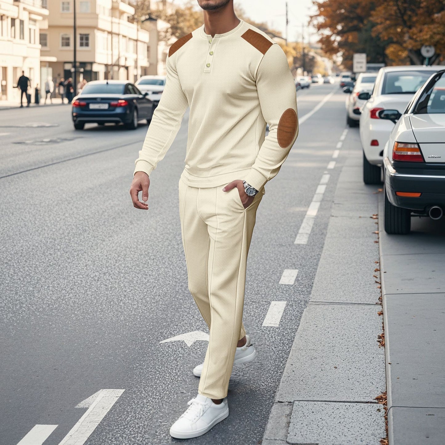 Men's stylish leisure set with practical buttons and leather applications Skorter