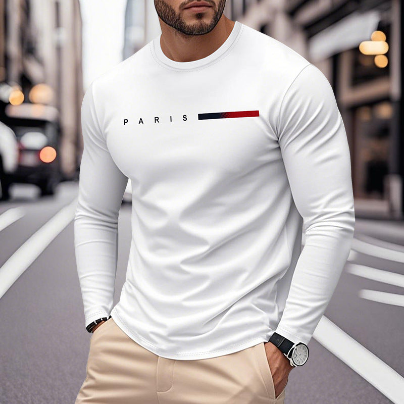 Men's Long Sleeve T-Shirt with Modern Paris Print and Elastic Hem Skorter