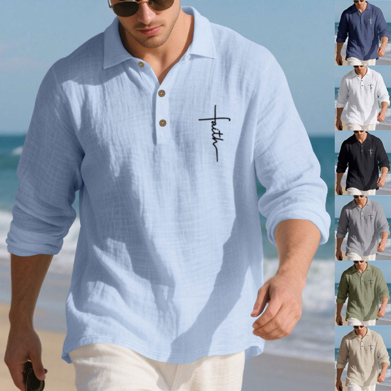 Men's long-sleeve polo shirt with textured fabric and stylish button placket Skorter