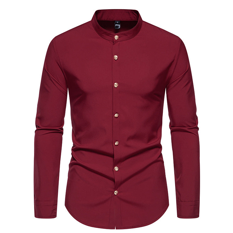 Men's long-sleeved shirt with modern standing collar and elegant button details Skorter