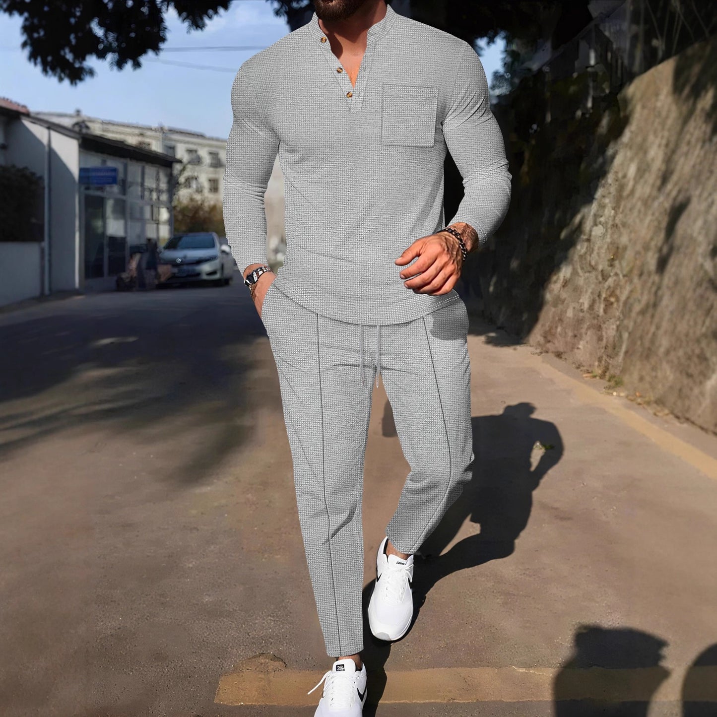 Men's stylish leisure suit set with textured top and comfortable joggers Skorter