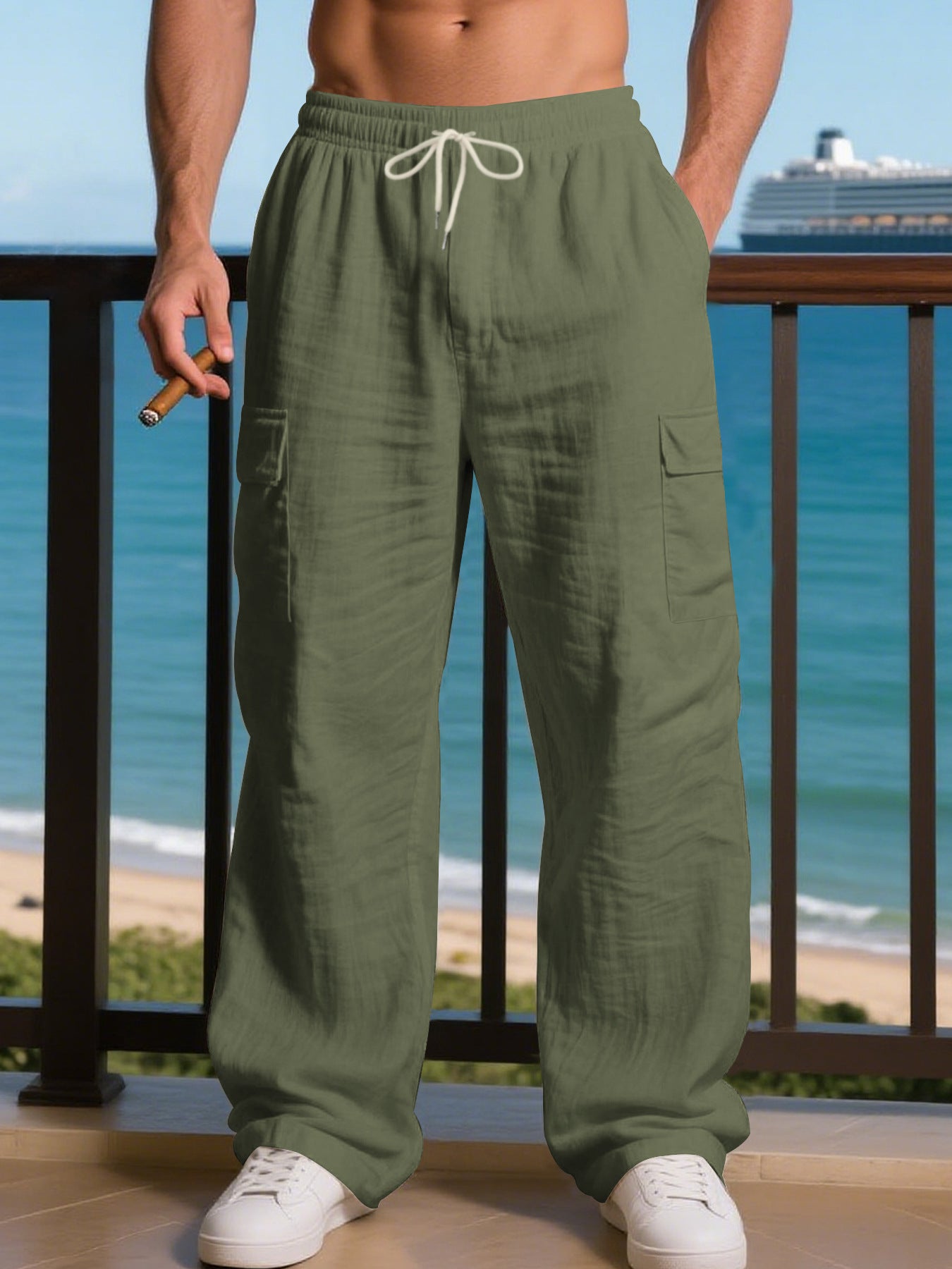 Men's relaxed cargo pants with elastic waistband and practical side pockets Skorter