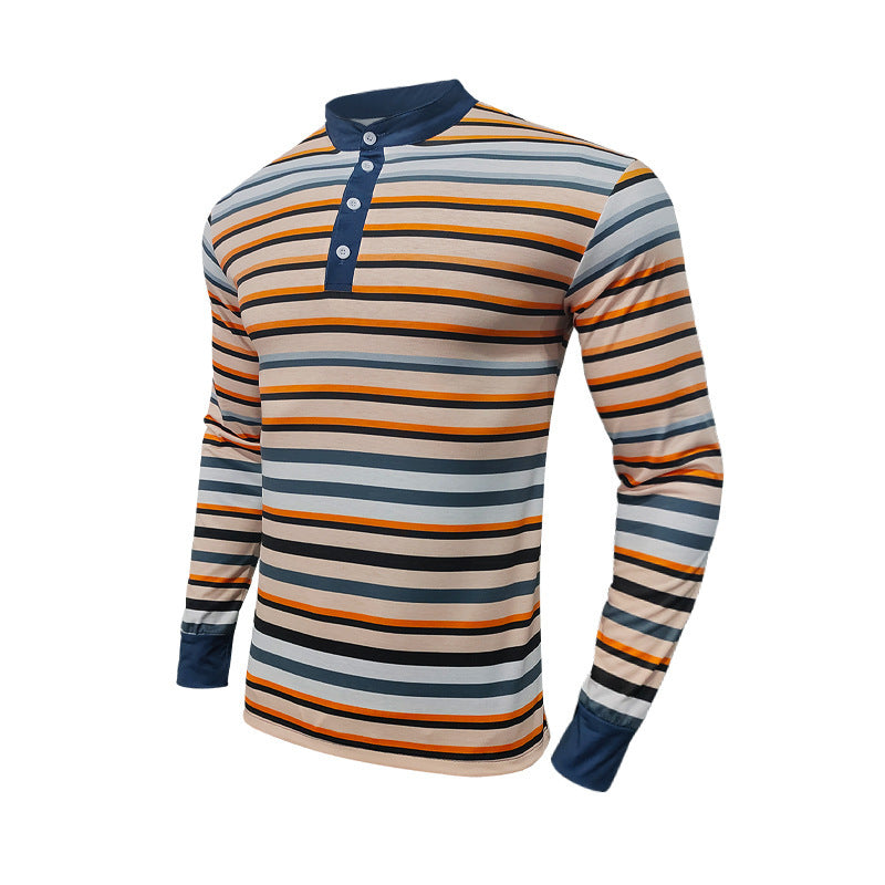 Men's Long Sleeve Shirt with Textured Striped Pattern and Sporty Collar Skorter
