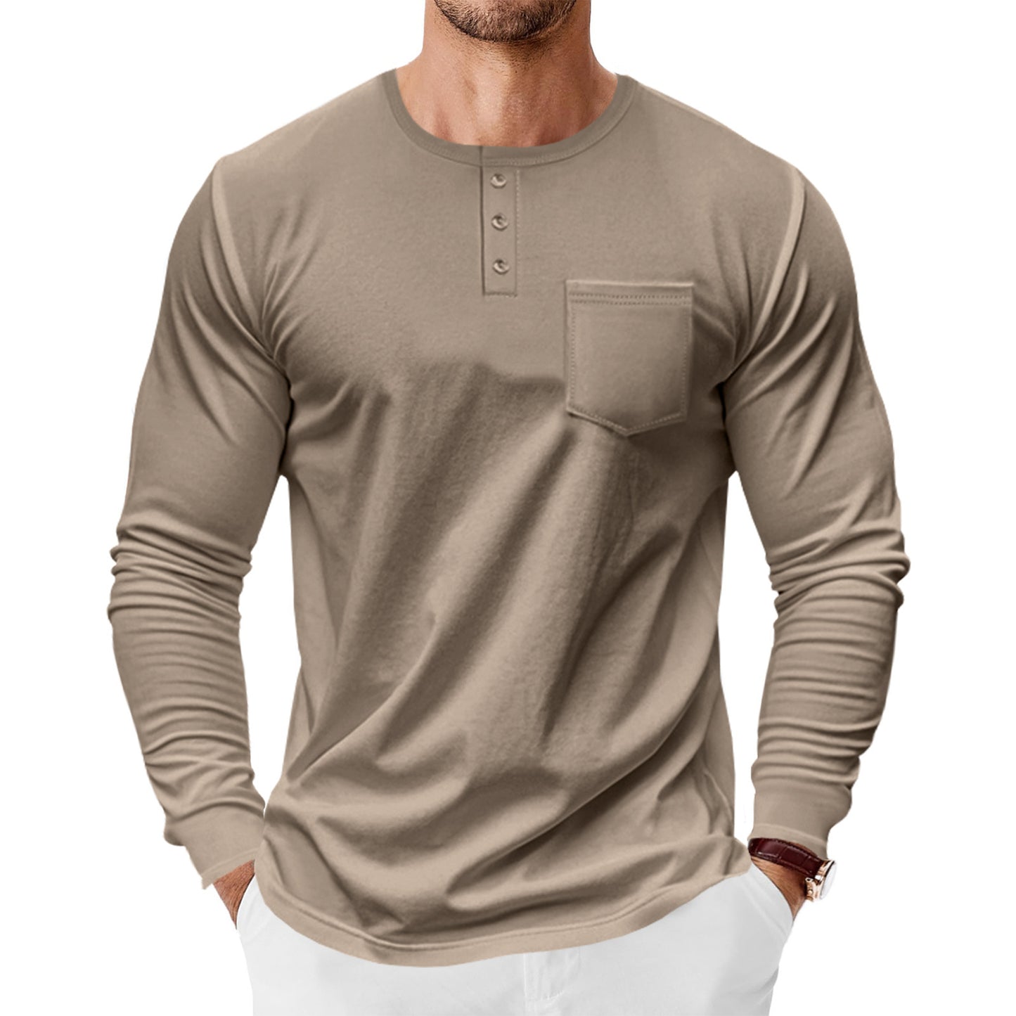 Men's long-sleeve shirt with fashionable Henley neckline and practical breast pocket Skorter