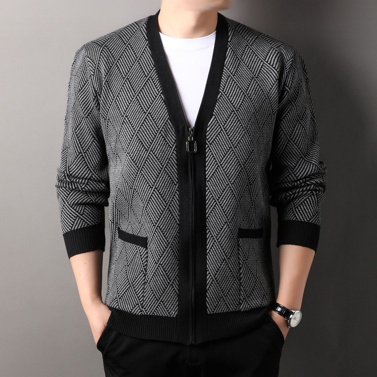 Men's cardigan with modern diamond pattern and high collar Skorter