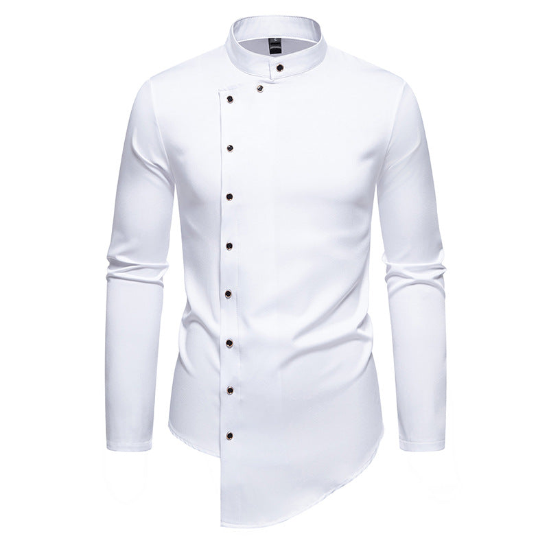 Men's modern cut long-sleeve shirt with asymmetrical button placket and stand collar Skorter