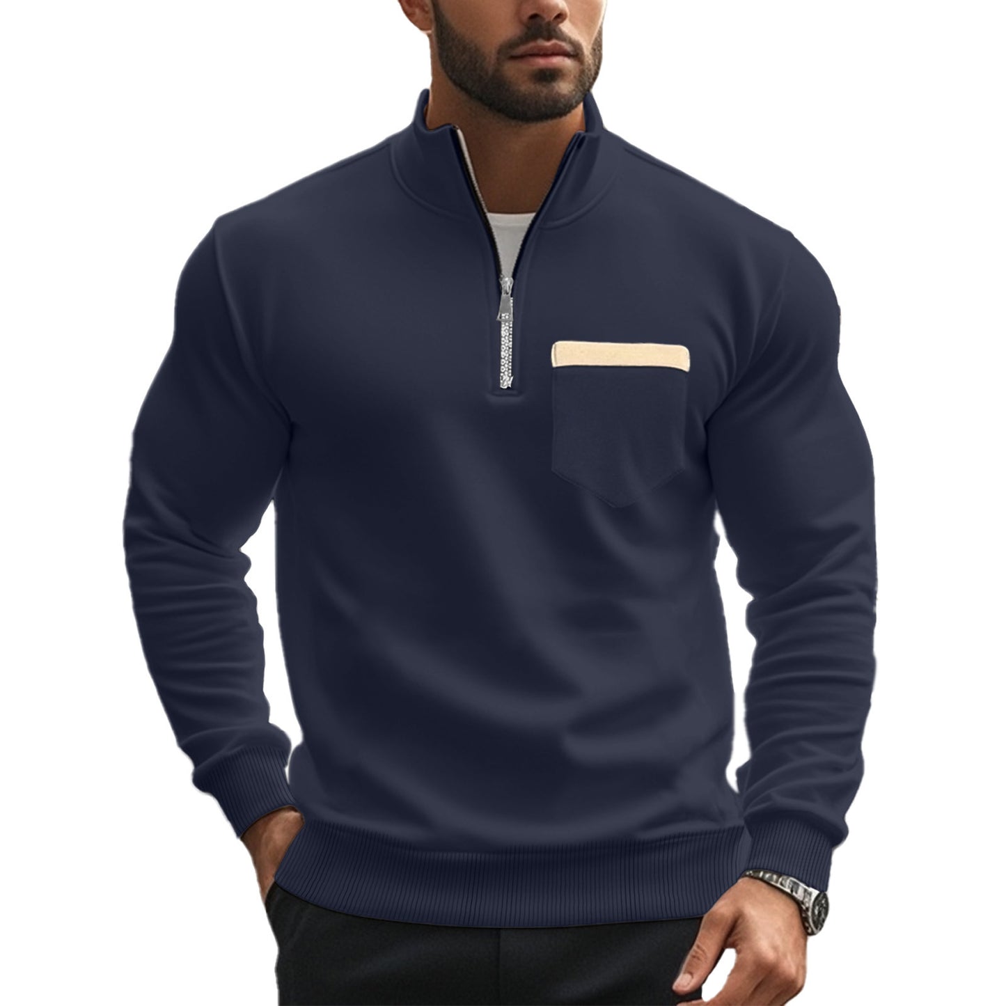 Men's sporty pullover with half zipper and contrast chest pocket Skorter