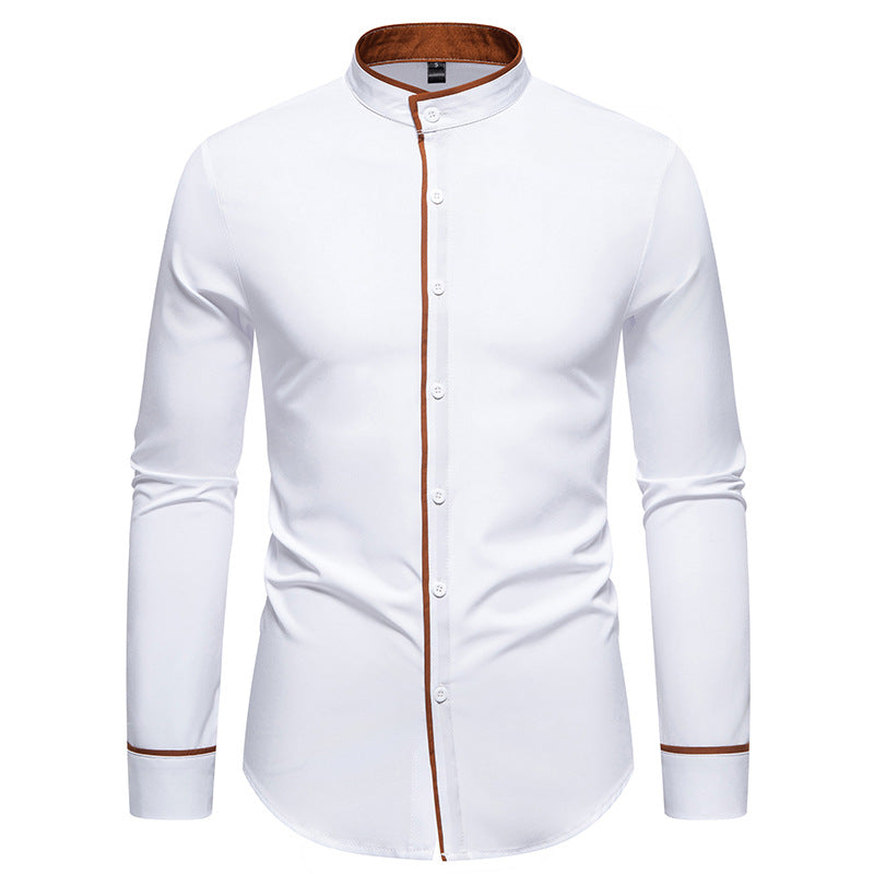 Men's long sleeve shirt with modern stand-up collar and embroidered detail Skorter