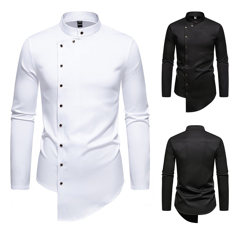 Men's modern cut long-sleeve shirt with asymmetrical button placket and stand collar Skorter