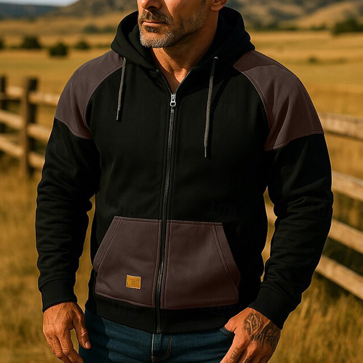 Herr sportjacka med huva och färgblocksdesign, skorter