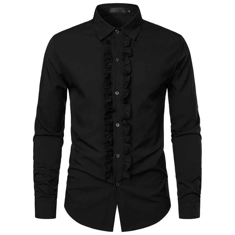 Men's Long Sleeve Shirt with Ruffle Decoration and Elegant Button Details Skorter