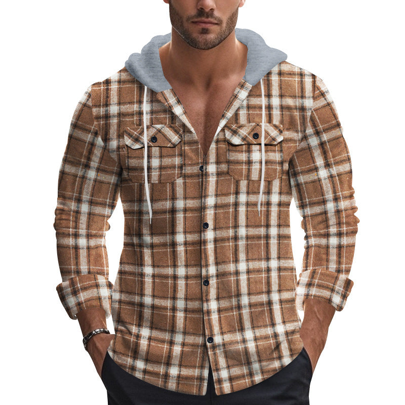 Men's Long Sleeve Shirt with Hoodie and Check Pattern Skorter