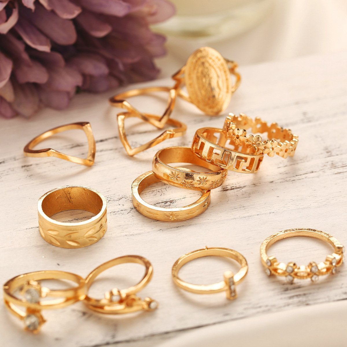Skorter | 13-piece 18K gold-plated ring set with Austrian crystals - ITALIAN Design
