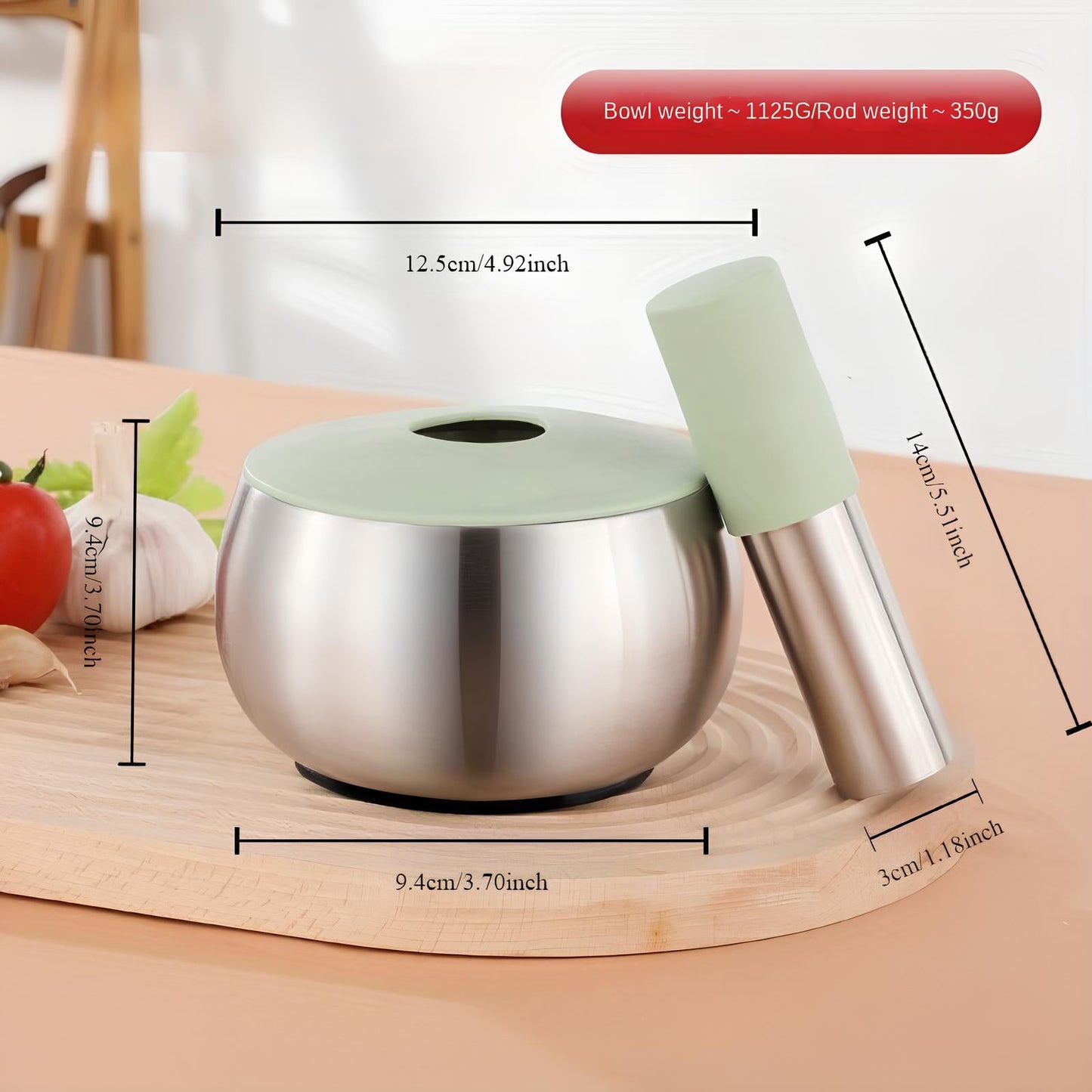 Skorter and a stainless steel mortar with lid