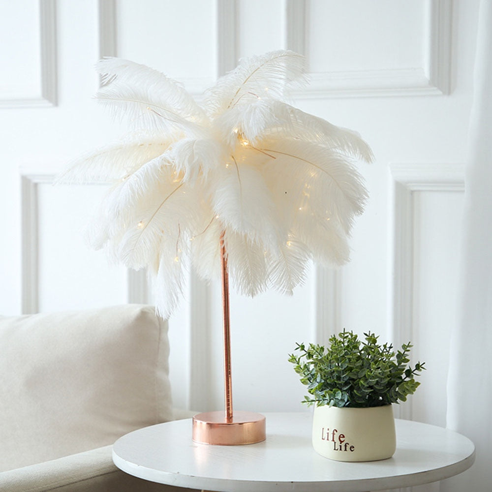 Skorter | Remote Control Feather Table Lamp USB/AA Battery Power DIY Creative Warm Light Wooden Feather Lampshade Wedding Home Bedroom Decor
