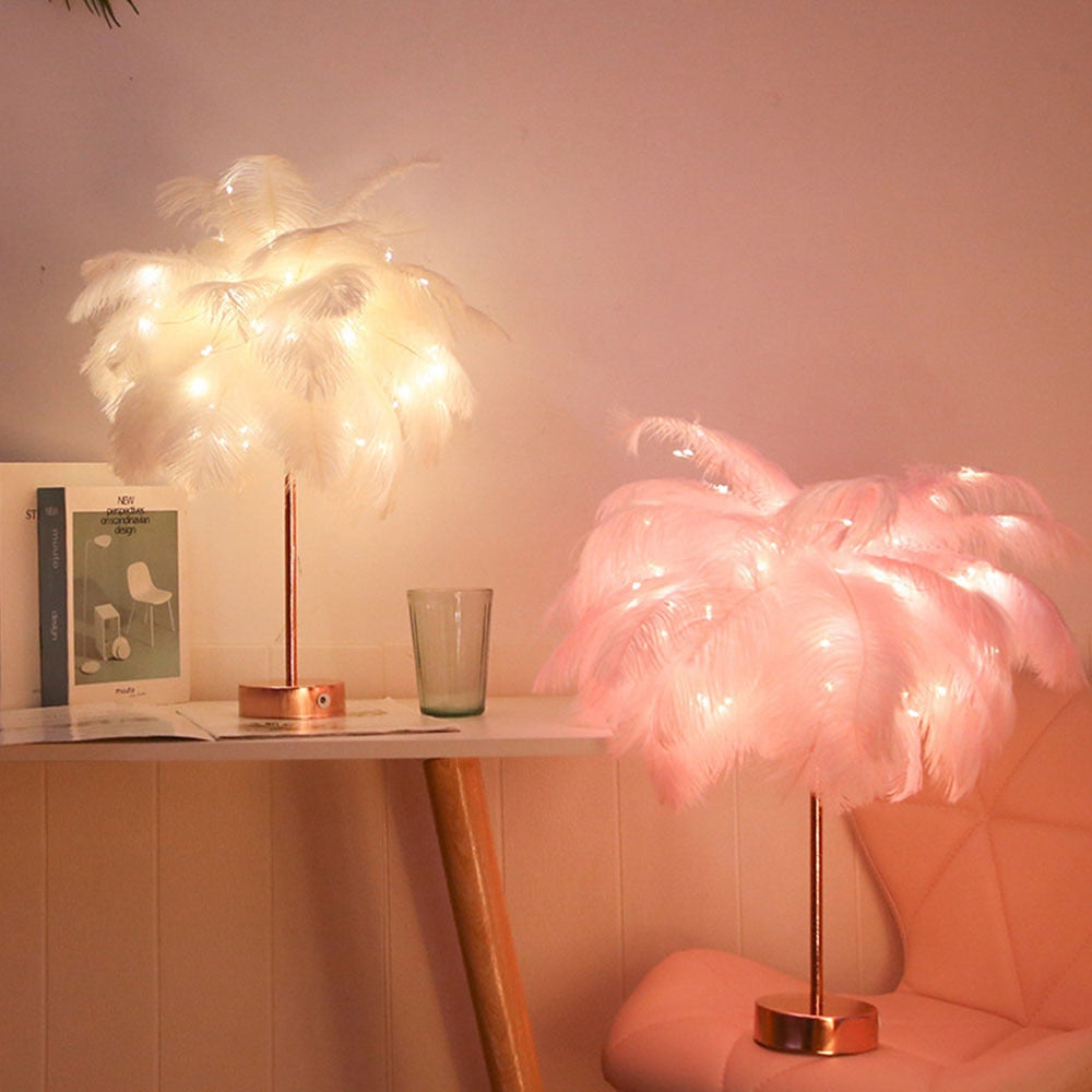 Skorter | Remote Control Feather Table Lamp USB/AA Battery Power DIY Creative Warm Light Wooden Feather Lampshade Wedding Home Bedroom Decor