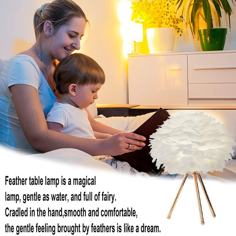 Skorter | Romantic Feather Table Lamp Modern Nightstand Lamp Living Room Café Decoration Wedding Christmas Gift Ostrich Feather Light
