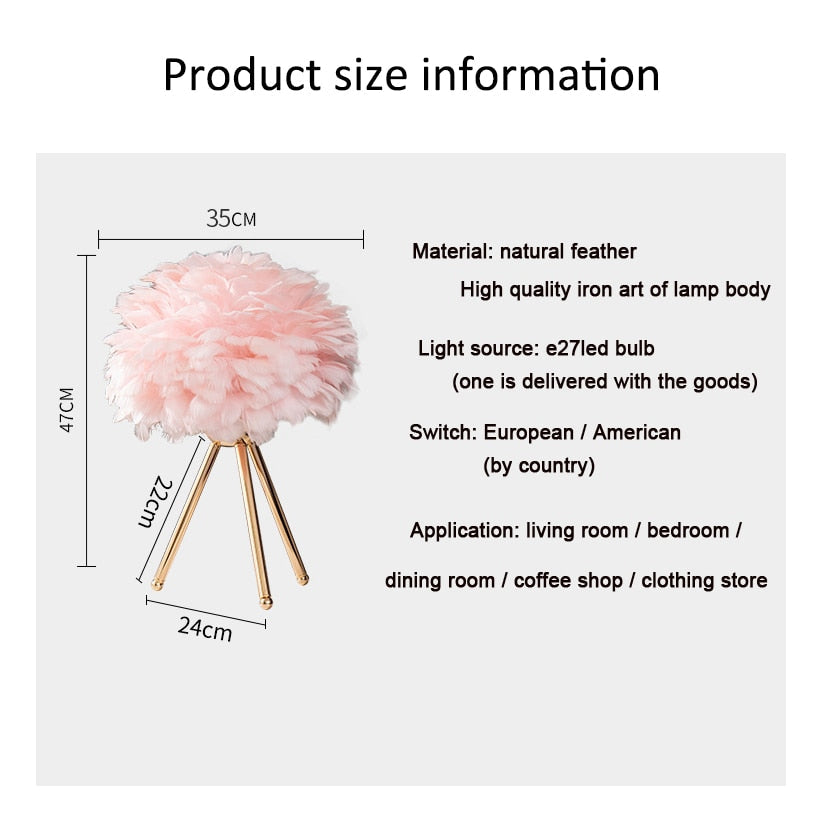 Skorter | Romantic Feather Table Lamp Modern Nightstand Lamp Living Room Café Decoration Wedding Christmas Gift Ostrich Feather Light
