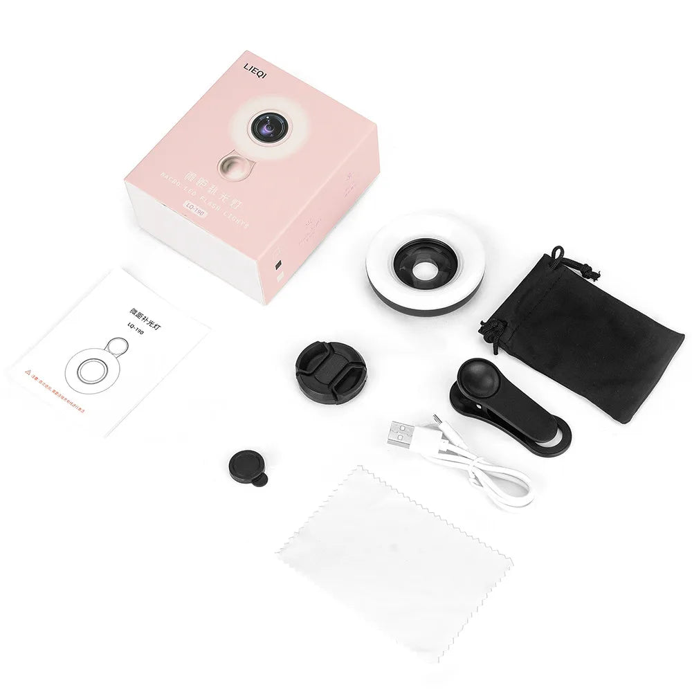 Skorter | Mobile Lens -15X Macro Lens with LED Ring Flash Light - 2 in 1 HD Camera Lens for Smartphone Selfie Live Lamp Fill Light