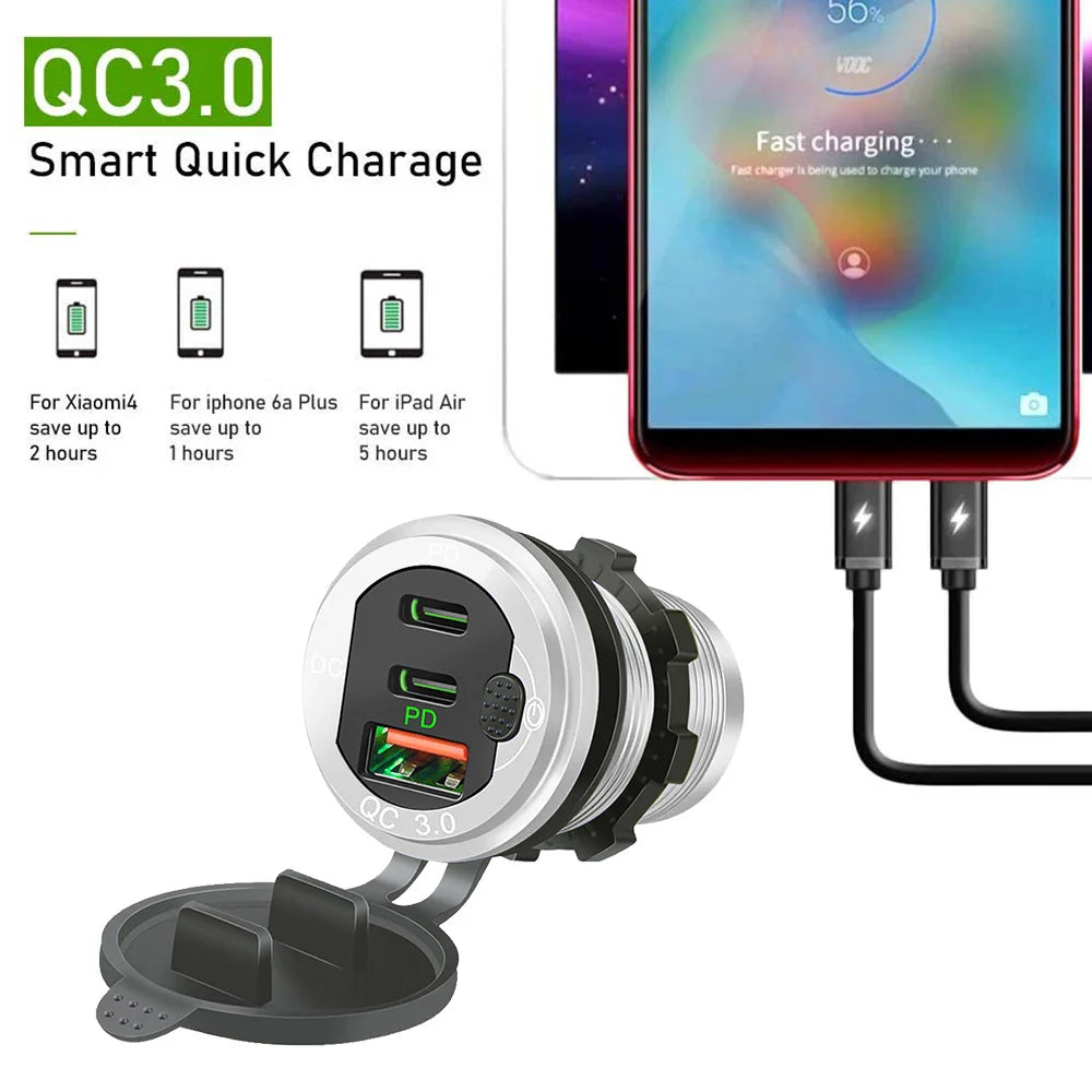 Skorter | 115W Car Charger with QC3.0, PD, Voltmeter, USB Ports