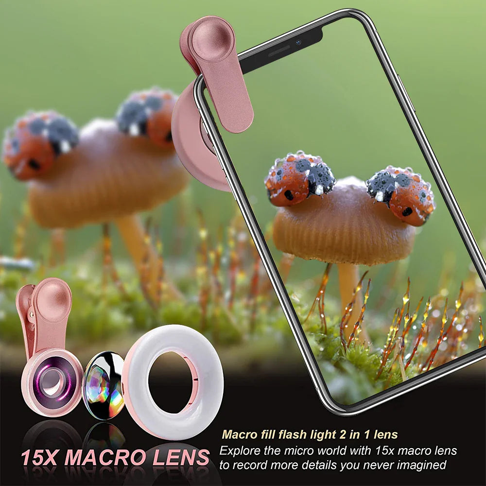 Skorter | Mobile Lens -15X Macro Lens with LED Ring Flash Light - 2 in 1 HD Camera Lens for Smartphone Selfie Live Lamp Fill Light