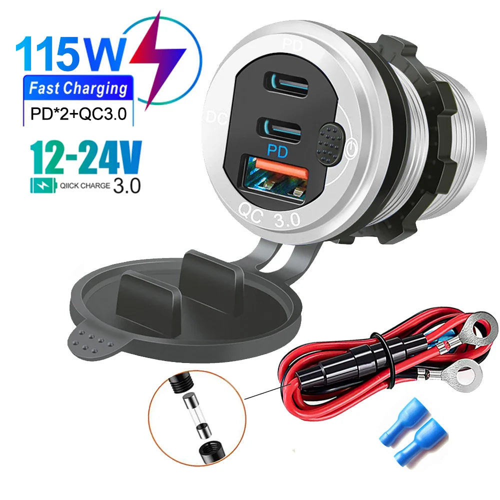 Skorter | 115W Car Charger with QC3.0, PD, Voltmeter, USB Ports