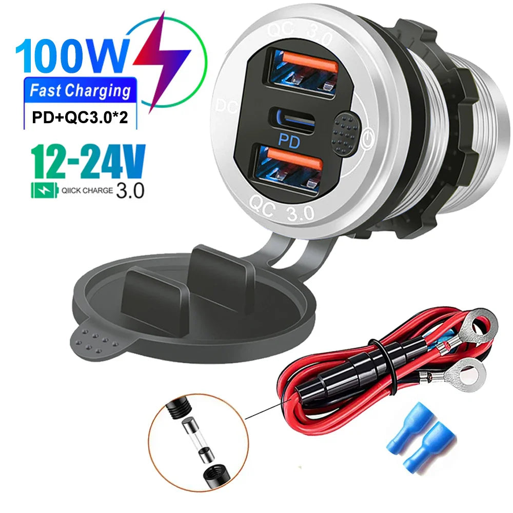 Skorter | 115W Car Charger with QC3.0, PD, Voltmeter, USB Ports