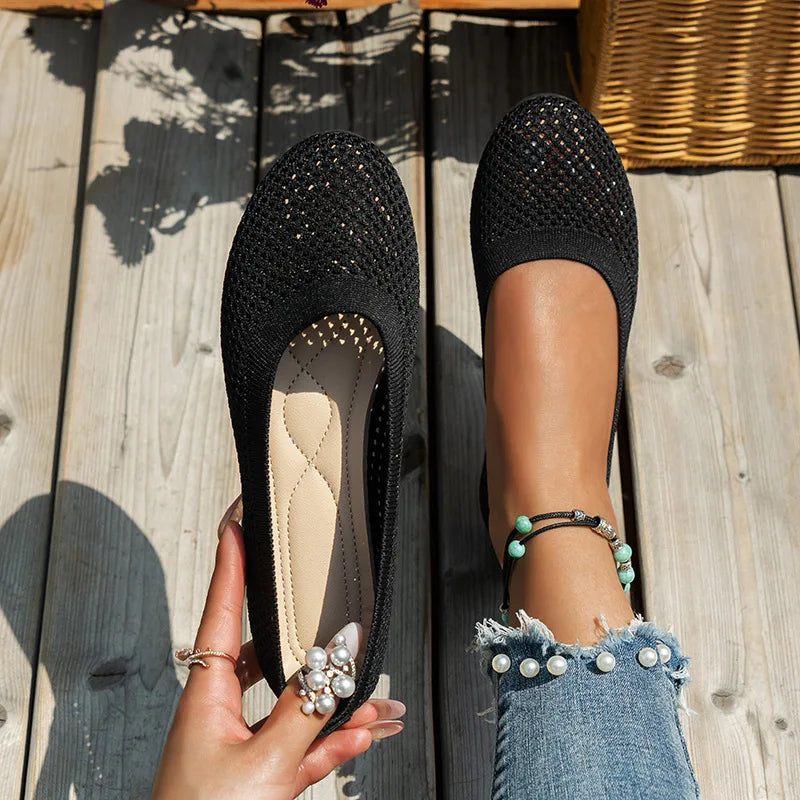 Skorter | Women Round Toe Flat Shoes Solid Color Knit Slippers Casual Breathable Ballet Flats Women Flat Shoes Loafers Women