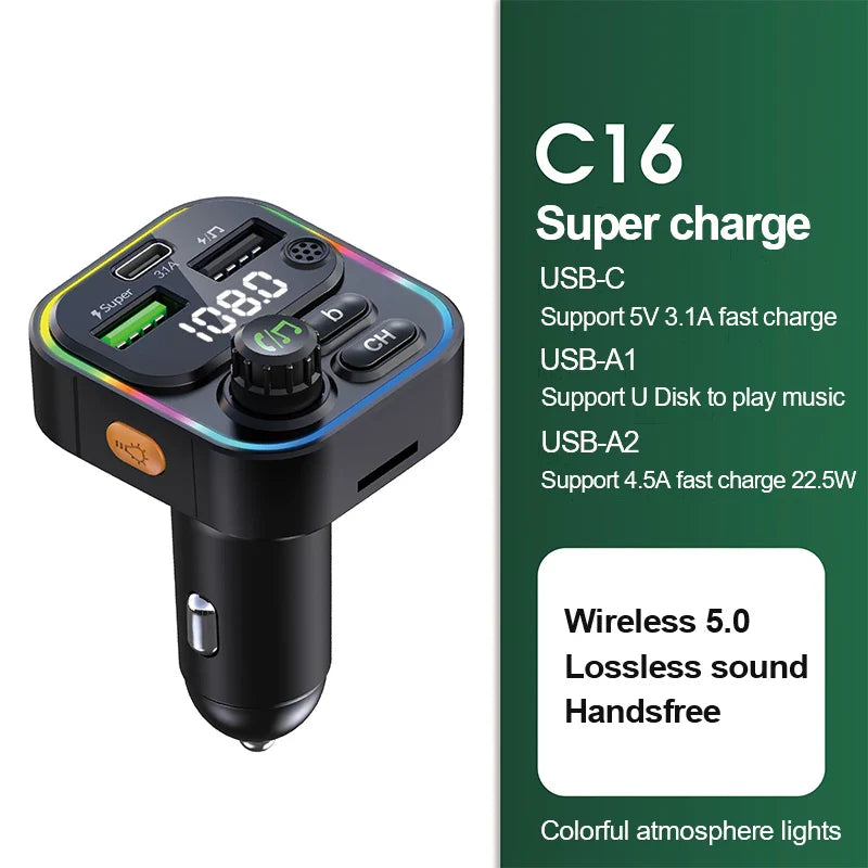 Skorter | Bluetooth 5.0 FM Transmitter Car Modulator with Hands Calling, MP3 Player, and 22.5W Quick Charge Adapter