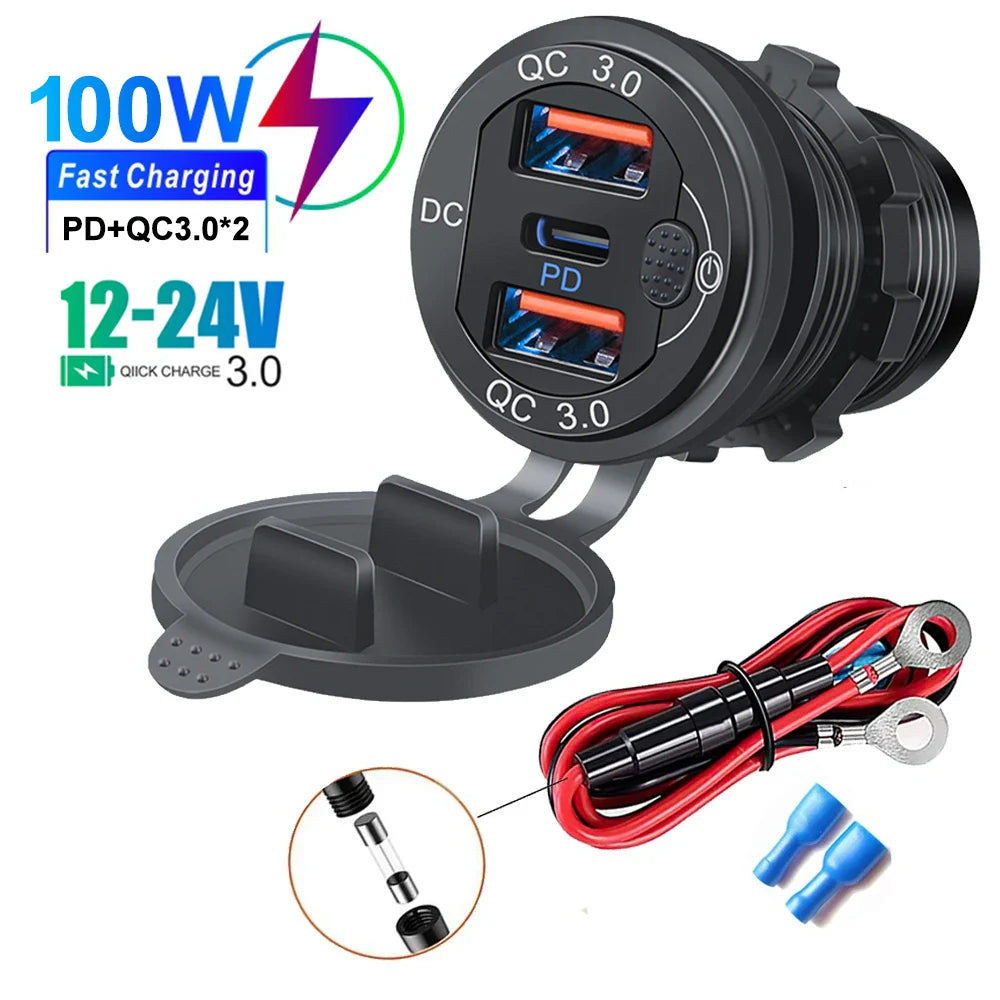 Skorter | 115W Car Charger with QC3.0, PD, Voltmeter, USB Ports