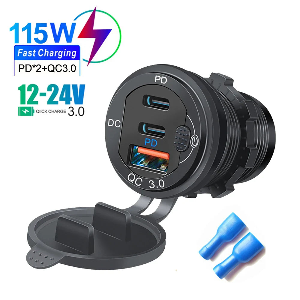 Skorter | 115W Car Charger with QC3.0, PD, Voltmeter, USB Ports